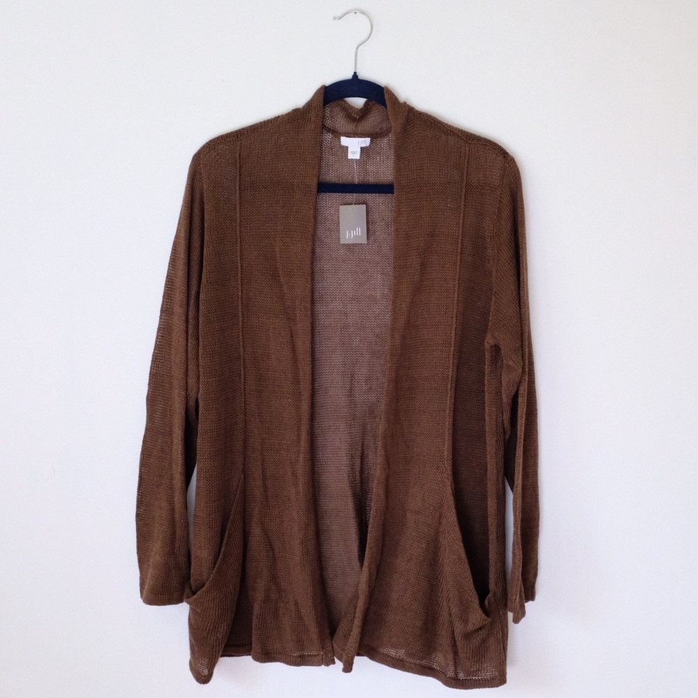 Long “Havana” brown J.Jill open sweater w pockets